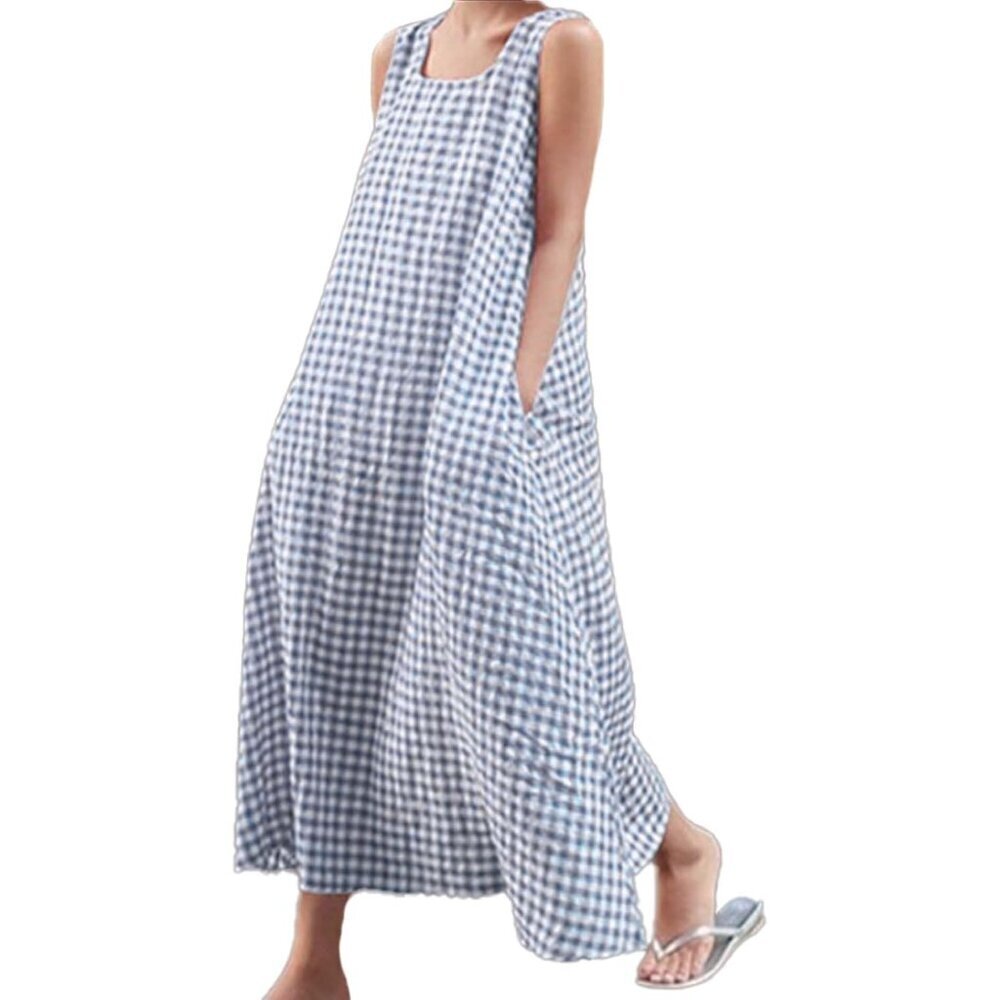 Women's Casual Linen Cotton Plaid Maxi Dress Pockets Summer Loose Fit